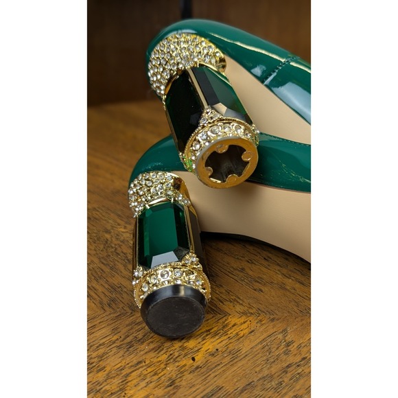 FSJ Green Patent Leather Faux Rhinestones Large Faux Emeralds Encrusted Heels 7 - Picture 9 of 11